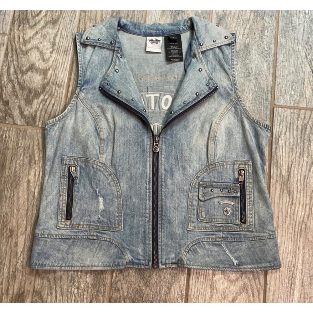 Harley-Davidson Distressed Patchwork Denim Vest Studded Biker Moto Blue Cotton M - Picture 2 of 12